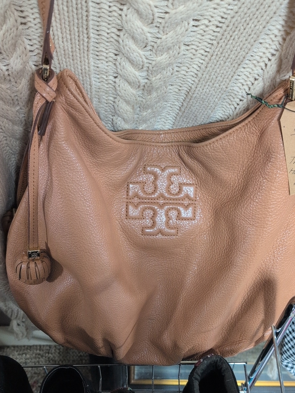 Tory Burch Pebbled Leather Hobo in Peachy Tan
